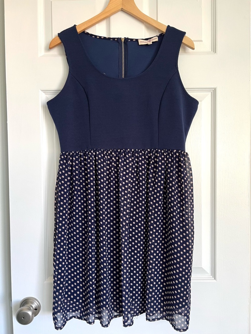 Altar’d State XL Navy Blue Polka Dot Dress Ribbed Knit Bodice Fit & Flare